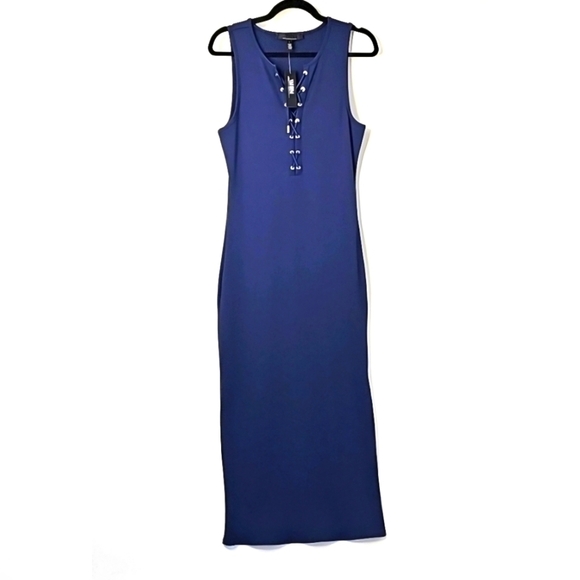 WHBM FORME Rib Bodycon Dress Sophisticated Leisure Elegant Nautical Navy w Tie - Picture 2 of 15
